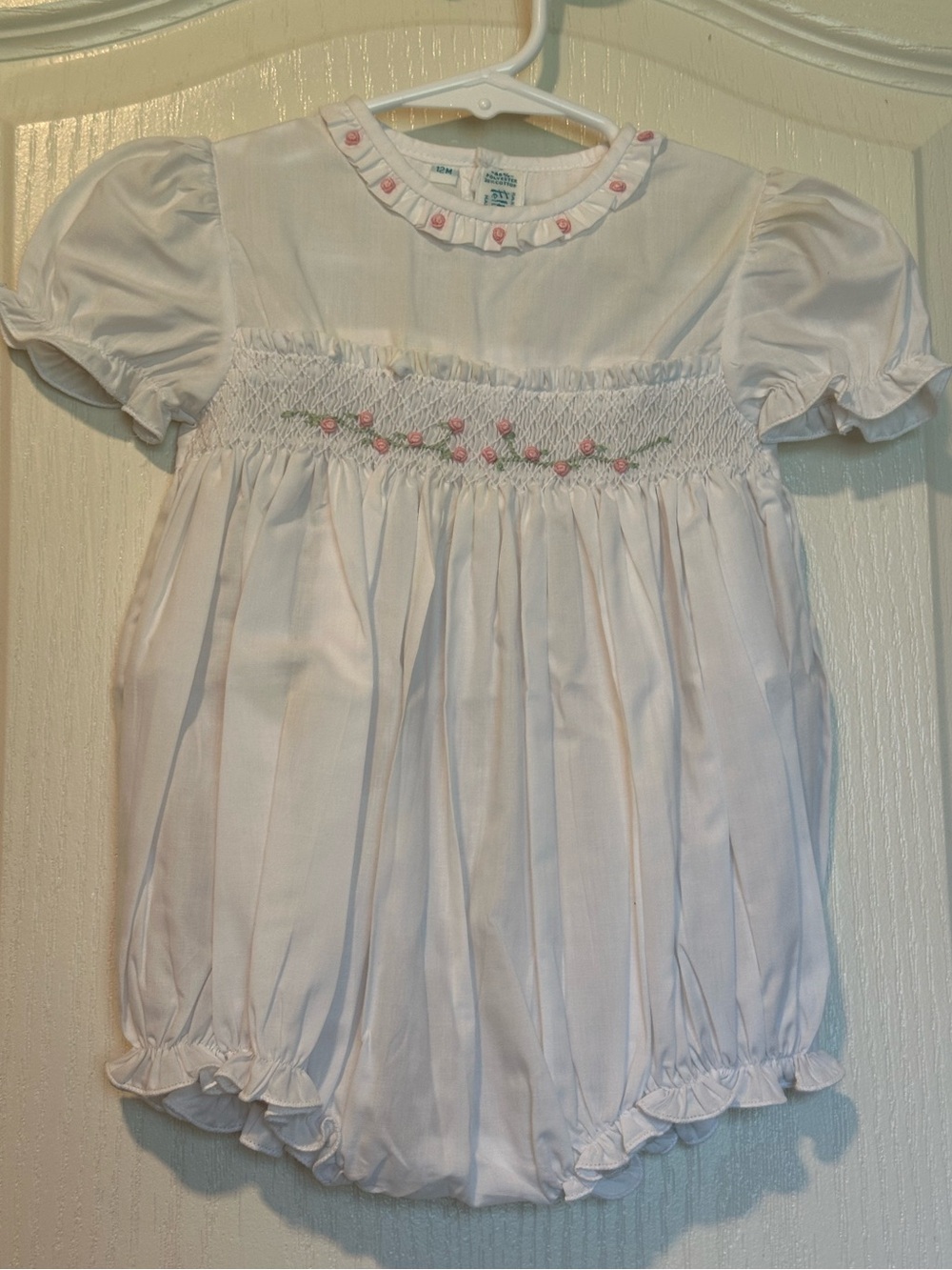 Feltman Brothers Classic White Smocked Baby Bubble with Pink Rosebuds